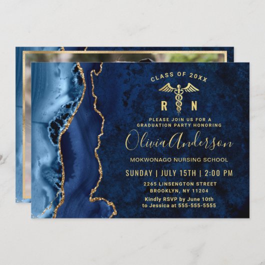 Invitation Gold Blue Nursing School Graduation Party (Devant / Derrière)