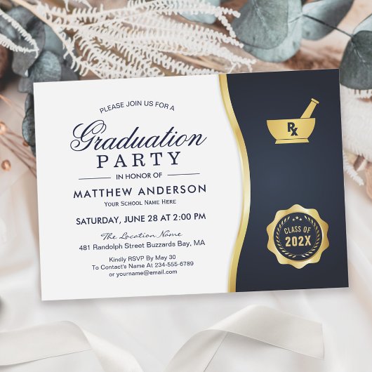 Invitation Gold Blue Pharmacy School Graduation Party