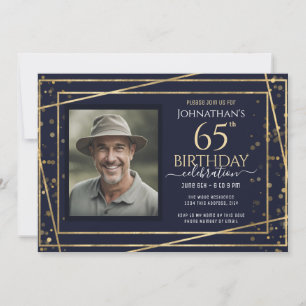 Invitation Gold Blue Photo 65th Birthday Party