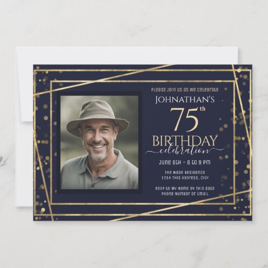 Invitation Gold Blue Photo 75th Birthday Party (Devant)