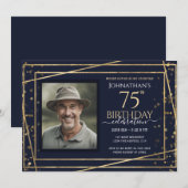 Invitation Gold Blue Photo 75th Birthday Party (Devant / Derrière)