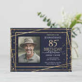 Invitation Gold Blue Photo 85th Birthday Party (Debout devant)