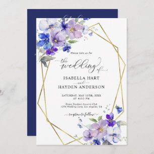 Invitation Gold Blue Purple Floral Tout en 1 QR Code Mariage