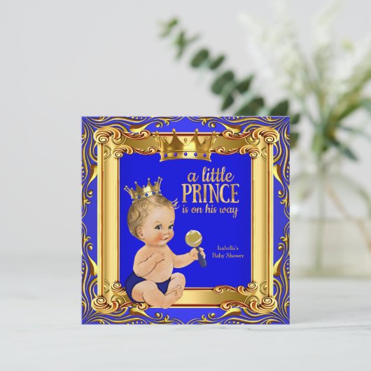 Invitation Gold Blue Royal Prince Baby shower Blonde Baby Boy (Debout devant)