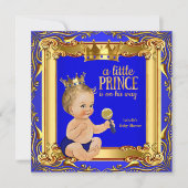 Invitation Gold Blue Royal Prince Baby shower Blonde Baby Boy (Devant)