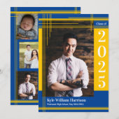Invitation Gold Blue School Couleur Graduation Photo Plaid (Devant / Derrière)