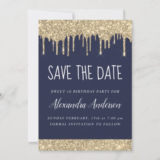 Invitation Gold Blue Sparkle Parties scintillant Sweet 16 Enr (Devant)