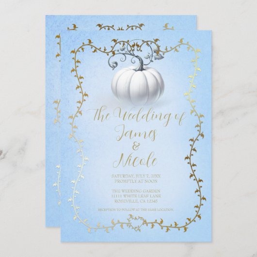 Invitation Gold Blue Storybook Mariage Citrouille blanc (Devant / Derrière)