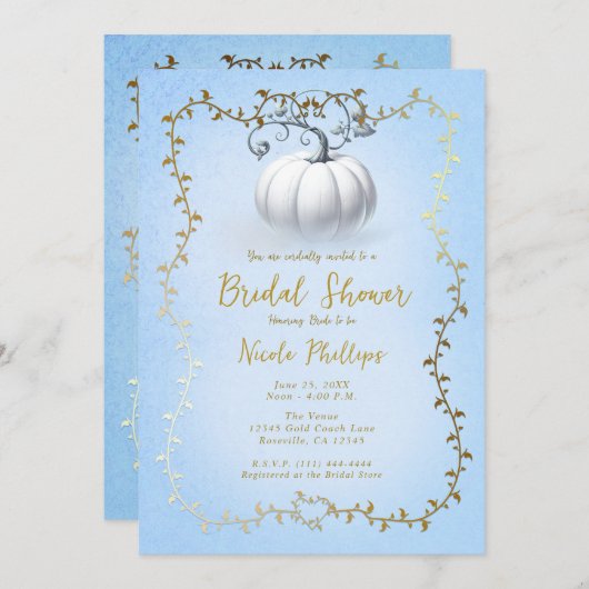 Invitation Gold Blue Storybook White Citrouille Fête des mari (Devant / Derrière)