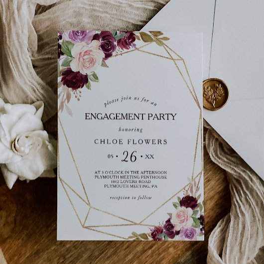 Invitation Gold Blush Burgundy Floral Engagement Party