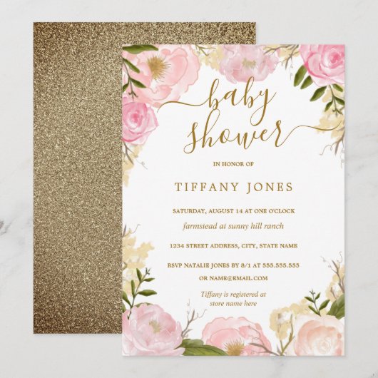 Invitation Gold Blush Floral Aquarelle Baby shower fille (Devant / Derrière)