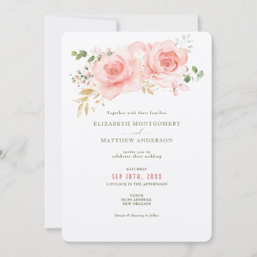 Invitation Gold & Blush Greenery Mariage Aquarelle Rustique (Devant)