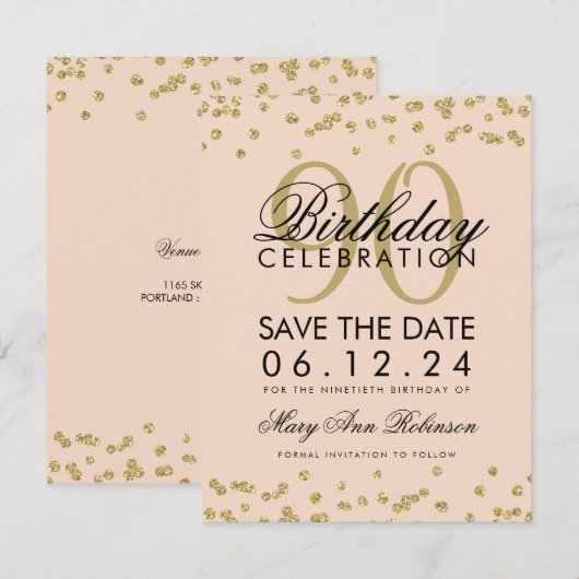 Invitation Gold Blush Pink 90e anniversaire Date de sauvegard (Devant / Derrière)
