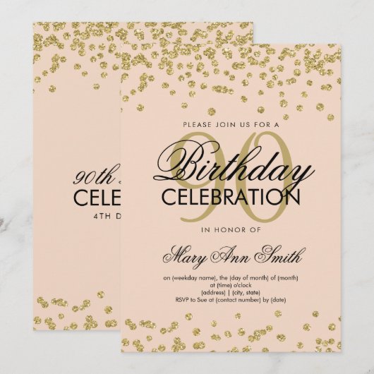 Invitation Gold Blush Pink 90e anniversaire Parties scintilla (Devant / Derrière)