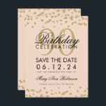 Invitation Gold Blush Pink 90th Birthday Save Date Confetti<br><div class="desc">Elégant design "90e anniversaire fête" avec Gold Faux Parties scintillant Blush Pink et nom personnalisé et texte de détails. Facile à utiliser et facile à personnaliser. Commandez aujourd'hui !</div>
