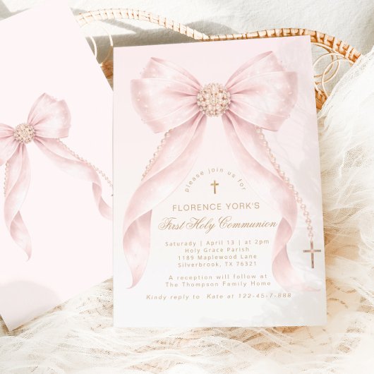 Invitation Gold Blush Pink Bow First Holly Communion