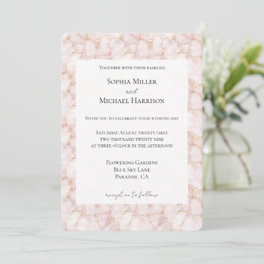 Invitation Gold Blush Pink Rose Petals Floral Wedding (Debout devant)