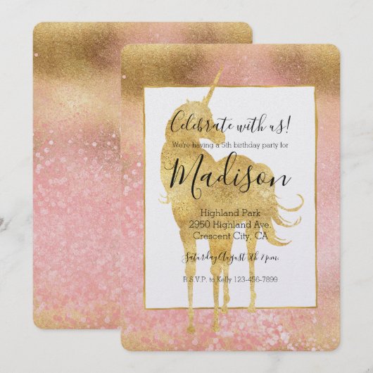 Invitation Gold Blush rose magique Unicorn Anniversaire (Devant / Derrière)