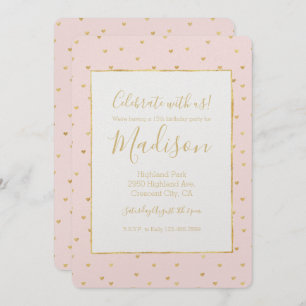 Invitation Gold Blush rose Petits Coeurs Anniversaire