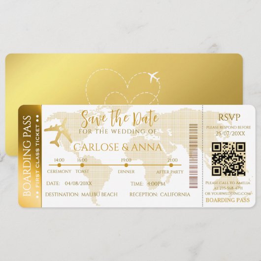 Invitation Gold Boarding Pass Destination Wedding Code QR (Devant / Derrière)
