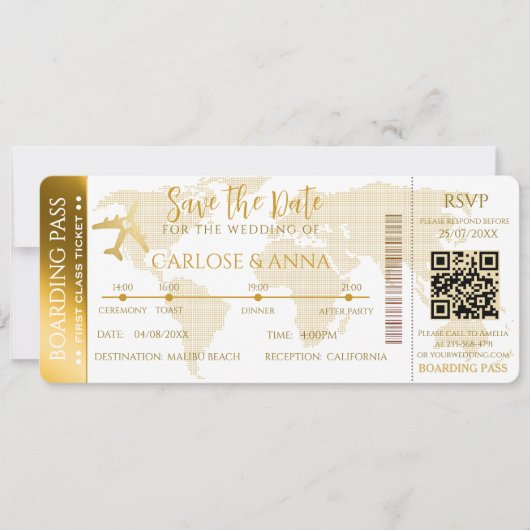 Invitation Gold Boarding Pass Destination Wedding Code QR (Devant)