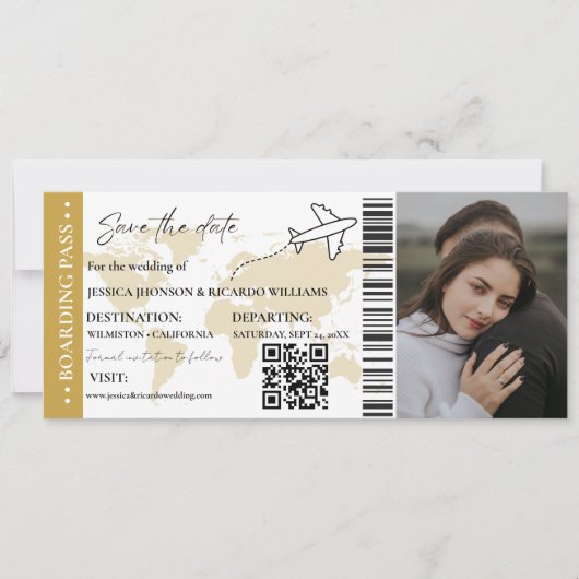Invitation Gold Boarding pass mariage enregistrer le ticket d (Devant)