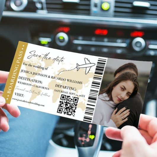 Invitation Gold Boarding pass mariage enregistrer le ticket d
