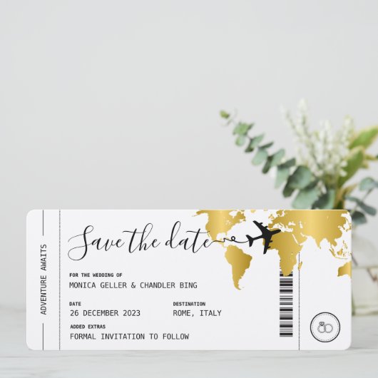 Invitation GOLD Boarding Pass Voyage Enregistrer la date Mari (Debout devant)