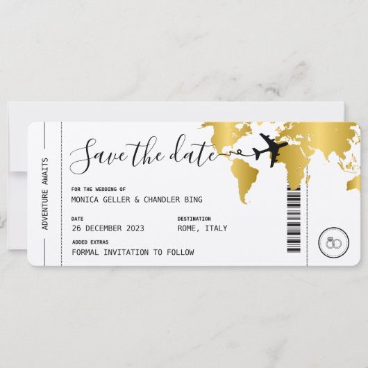 Invitation GOLD Boarding Pass Voyage Enregistrer la date Mari (Devant)