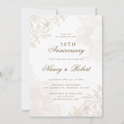 Invitation Gold Boho Fleurs sauvages 50e anniversaire Mariage (Devant)
