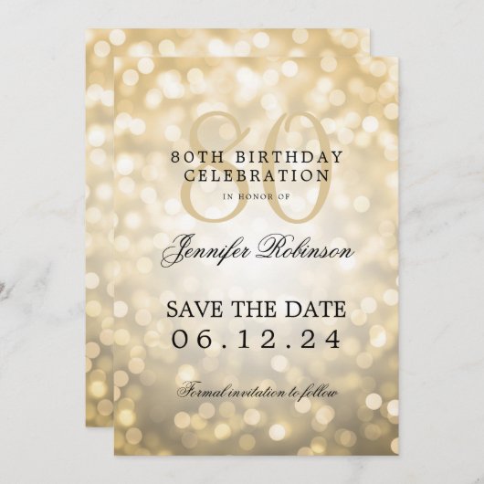Invitation Gold Bokeh 80th Birthday Enregistrer la date avec (Devant / Derrière)