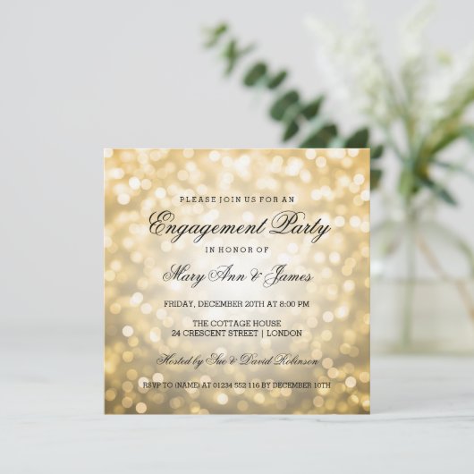 Invitation Gold Bokeh Lights Elegant Engagement Party (Debout devant)
