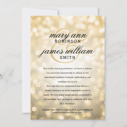 Invitation Gold Bokeh Lumières Élégant Mariage réduit (Devant)