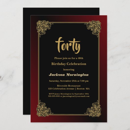 Invitation Gold Border 40th Birthday Celebration (Devant / Derrière)