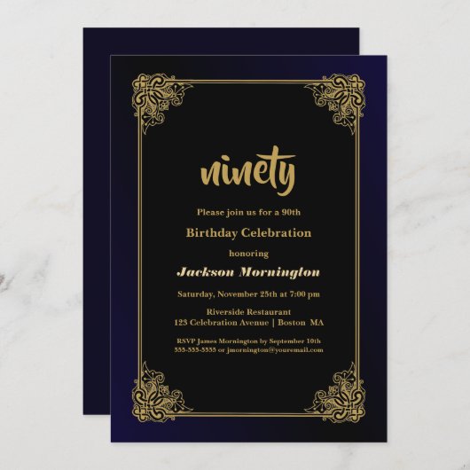 Invitation Gold Border 90th Birthday Party (Devant / Derrière)