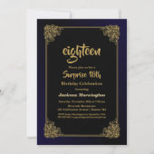 Invitation Gold Border Blue Surprise 18e fête d'anniversaire (Devant)