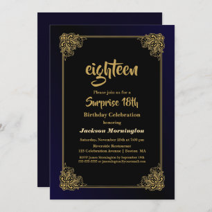 Invitation Gold Border Blue Surprise 18e fête d'anniversaire