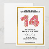 Invitation Gold Border Floral métallique 14E fête d'anniversa (Devant / Derrière)