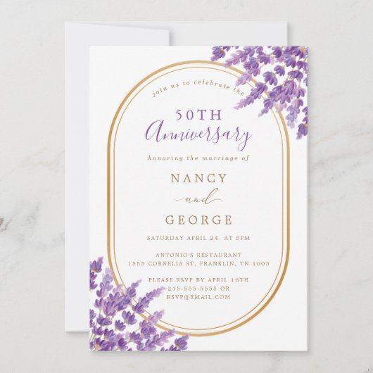 Invitation Gold Border Lavender 50e anniversaire de Mariage (Devant)