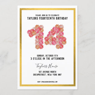 Invitation Gold Border Metallic Floral 14th Birthday Party