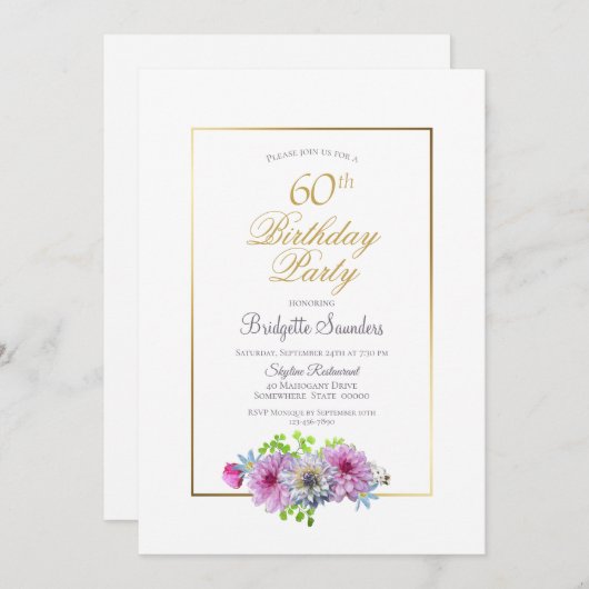 Invitation Gold Border Rose Floral 60e fête d'anniversaire (Devant / Derrière)