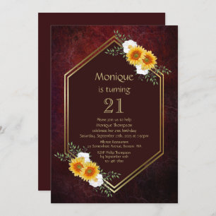 Invitation Gold Border Sunflower Bourgogne 21e fête d'anniver