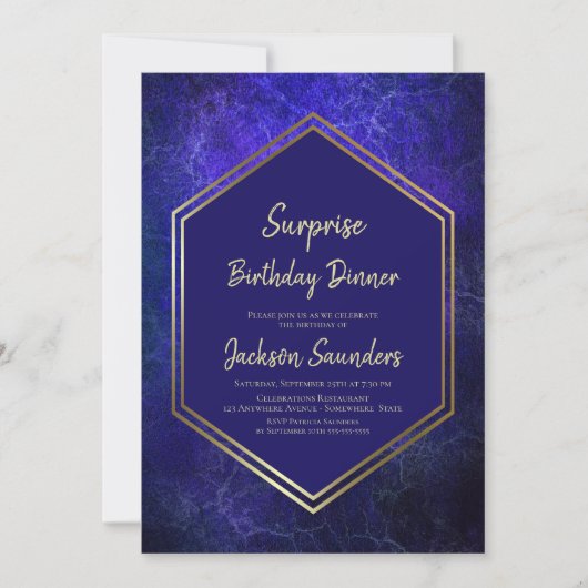 Invitation Gold Bordure Bleu Surprise Dîner d'anniversaire (Devant)