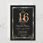 Invitation Gold Bordure Couronne Floral Sweet 16 Partie (Devant)