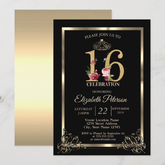 Invitation Gold Bordure Couronne Floral Sweet 16 Partie (Devant / Derrière)