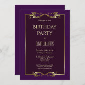 Invitation Gold Bordure violet fête d'anniversaire (Devant / Derrière)