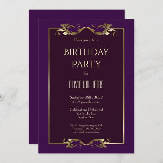 Invitation Gold Bordure violet fête d'anniversaire (Devant / Derrière)