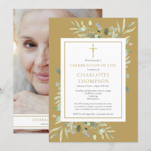 Invitation Gold Botanical Celebration of Life Funeral Photo