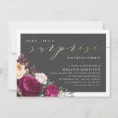 Invitation Gold & Bourgogne Florale Surprise Anniversaire (Devant)