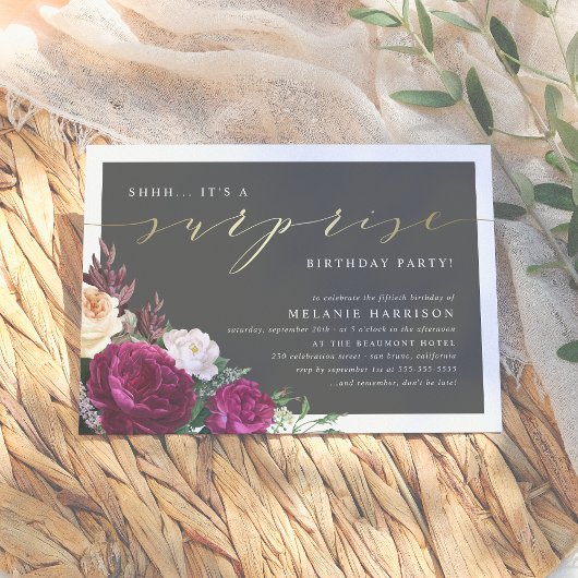 Invitation Gold & Bourgogne Florale Surprise Anniversaire